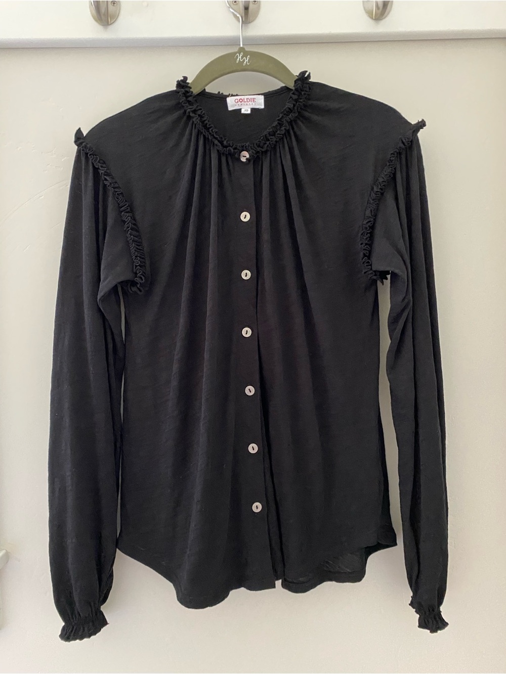 Goldie Lewinter Ruffle Trim Button Front Long Sleeve Top XS